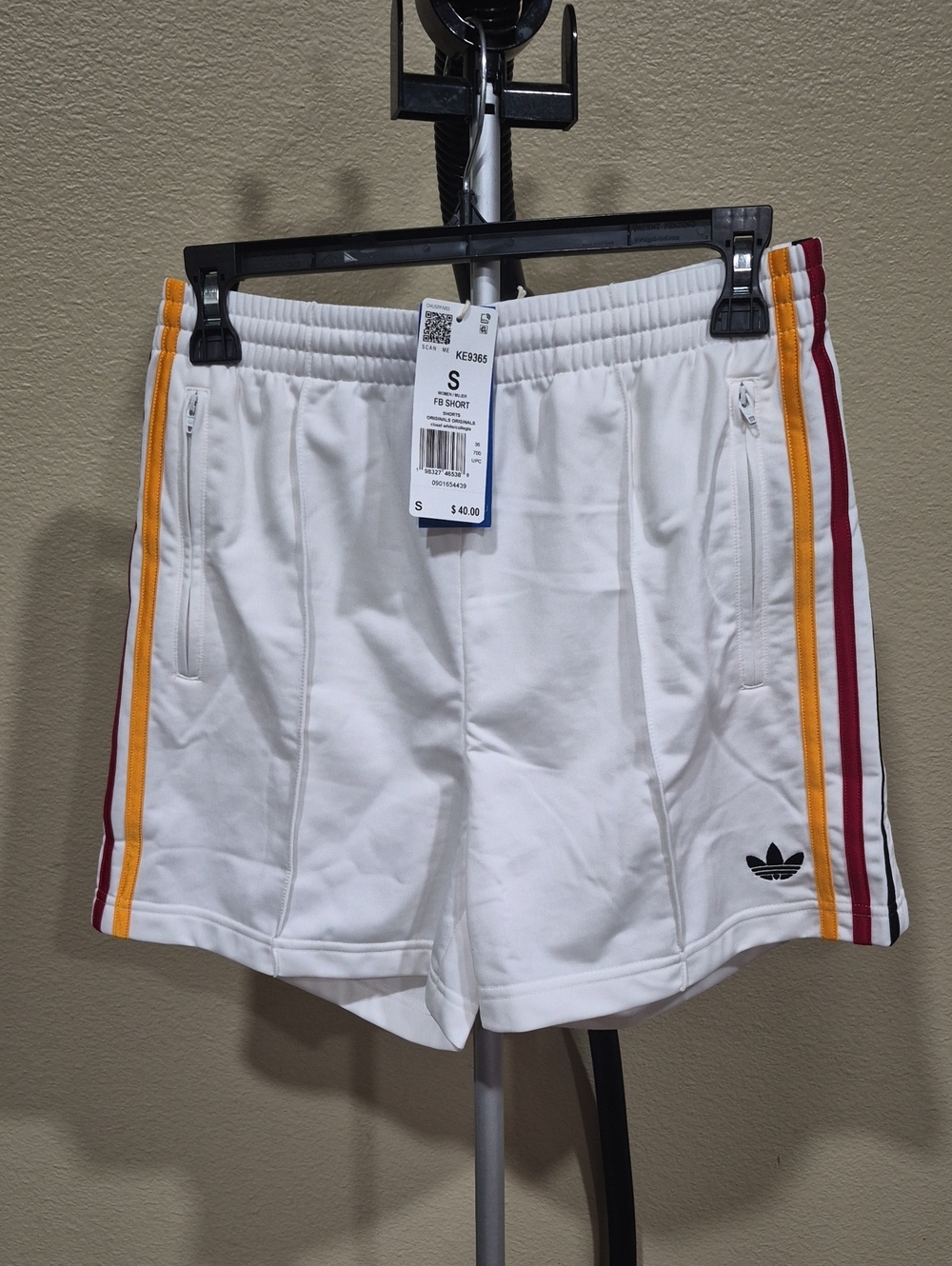 adidas Originals White Athletic Shorts with Yellow & Red Side Stripes